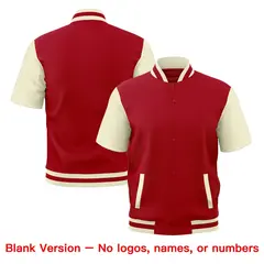 Cream Red Short Sleeve Full-Snap Varsity Jacket 7