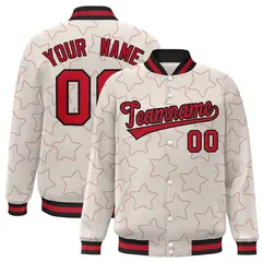 Cream Red Star Pattern Varsity Full-Snap Letterman Baseball Jacket