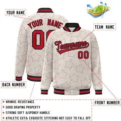 Cream Red Star Pattern Varsity Full-Snap Letterman Baseball Jacket 2