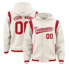 Cream Red Varsity Letterman Shoulder Color Block Hoodie Jacket 1