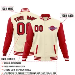 Cream Red White Raglan Sleeve Cotton Letterman Jacket 2