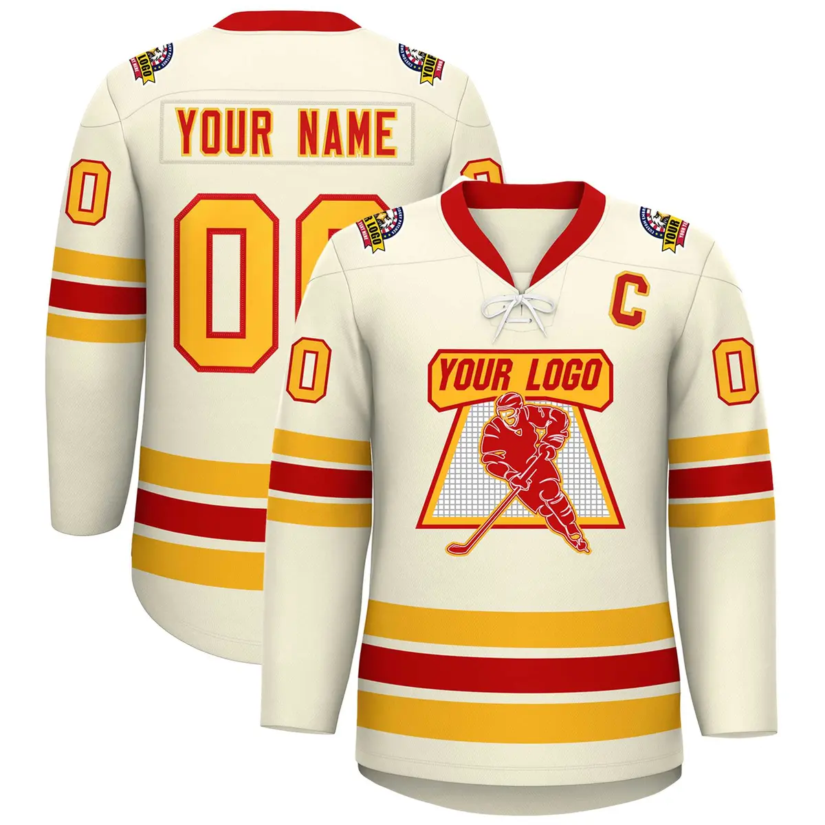 Cream Red-Yellow Lace-Up Neck Hockey Jersey