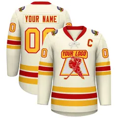 Cream Red-Yellow Lace-Up Neck Hockey Jersey
