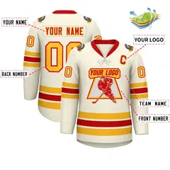 Cream Red-Yellow Lace-Up Neck Hockey Jersey 2