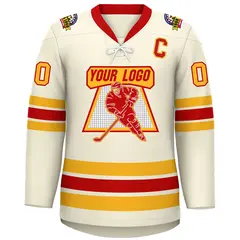Cream Red-Yellow Lace-Up Neck Hockey Jersey 3