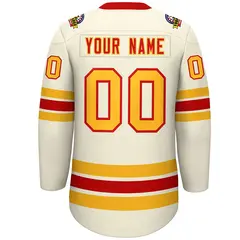 Cream Red-Yellow Lace-Up Neck Hockey Jersey 4