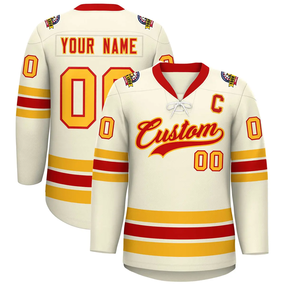 Cream Red-Yellow Lace-Up Neck Hockey Jersey