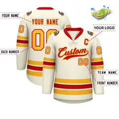 Cream Red-Yellow Lace-Up Neck Hockey Jersey 2