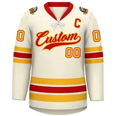 Cream Red-Yellow Lace-Up Neck Hockey Jersey 3