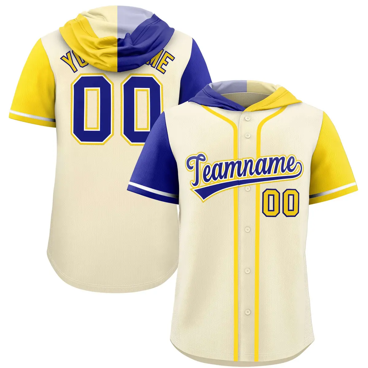 Cream Royal and Gold Split Raglan Baseball Hoodie Jersey