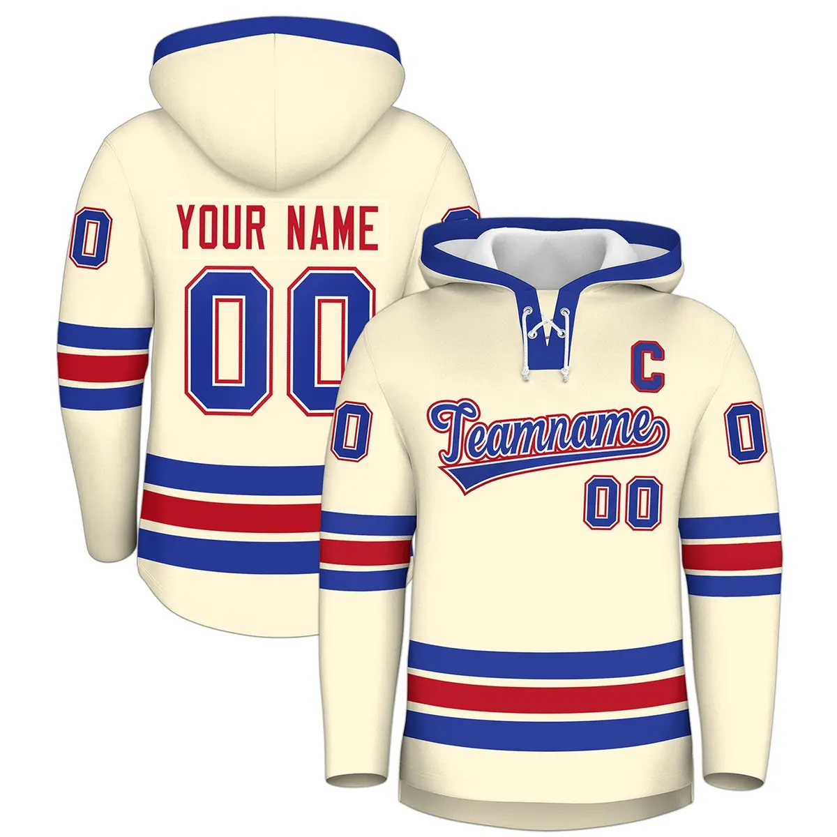 Cream Royal Blue Lace-Up Neck Hockey Hoodie Classic Style