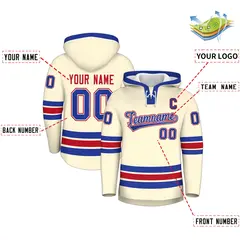 Cream Royal Blue Lace-Up Neck Hockey Hoodie Classic Style 2