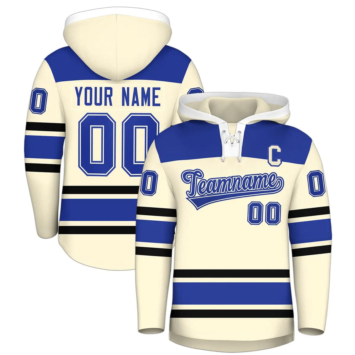 Cream Royal Blue Lace-Up Neck Raglan Hockey Hoodie Jersey