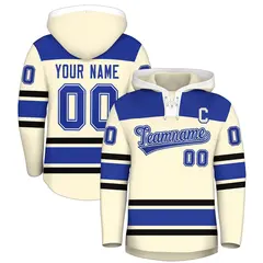 Cream Royal Blue Lace-Up Neck Raglan Hockey Hoodie Jersey 1