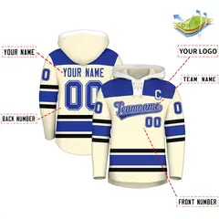 Cream Royal Blue Lace-Up Neck Raglan Hockey Hoodie Jersey 2