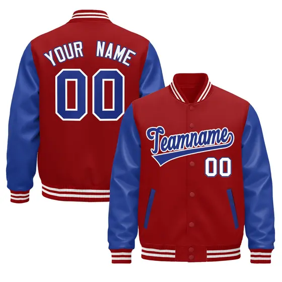 Cream Royal Blue Red Raglan Varsity Full-Snap Letterman Jacket