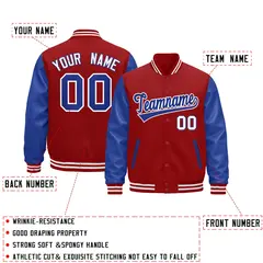 Cream Royal Blue Red Raglan Varsity Full-Snap Letterman Jacket 3