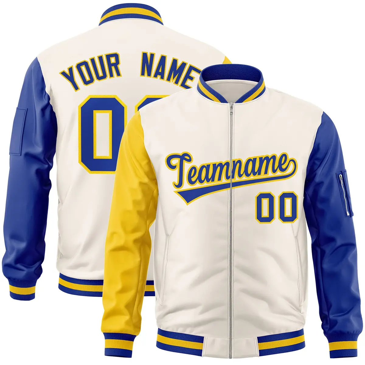 Cream Royal-Gold Varsity Full-Zip Raglan Letterman Bomber Jacket