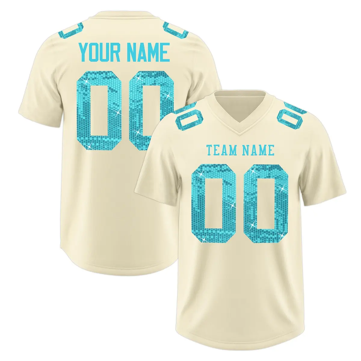 Cream Sky Blue Sequin Lettering Football Jersey