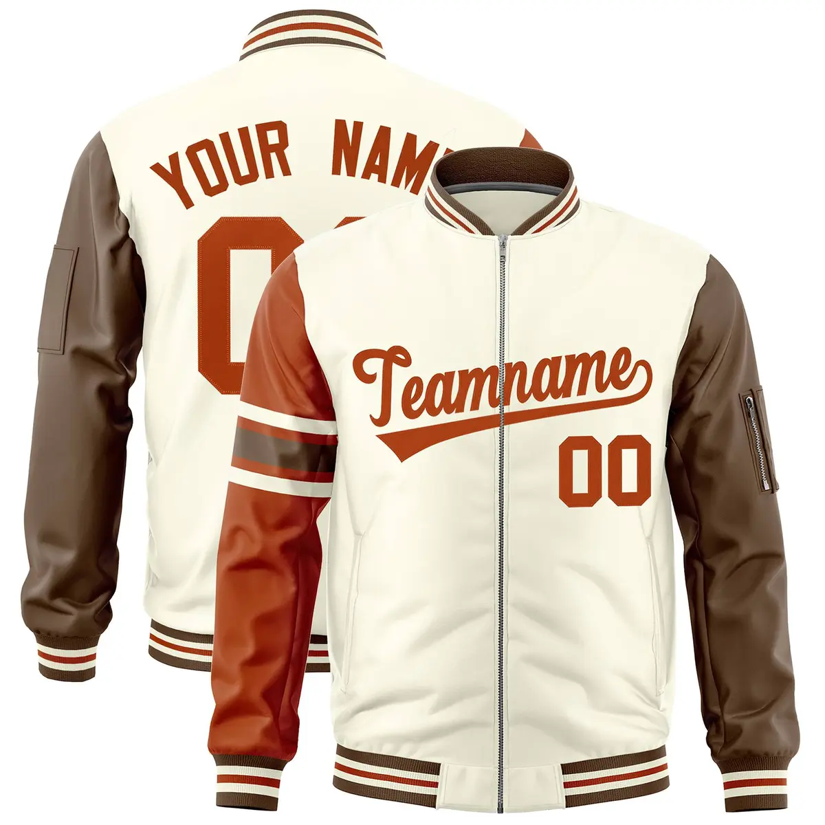 Cream Texas Orange-Light Brown Raglan Stripe Varsity Full-Zip Letterman Bomber Jacket