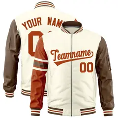 Cream Texas Orange-Light Brown Raglan Stripe Varsity Full-Zip Letterman Bomber Jacket