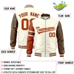 Cream Texas Orange-Light Brown Raglan Stripe Varsity Full-Zip Letterman Bomber Jacket 2