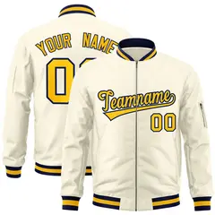 Cream Yellow-Navy Varsity Full-Zip Letterman Bomber Jacket 1