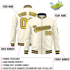 Cream Yellow-Navy Varsity Full-Zip Letterman Bomber Jacket 2