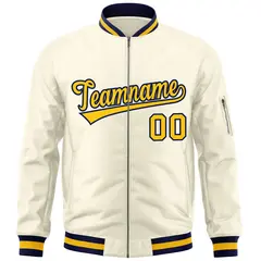 Cream Yellow-Navy Varsity Full-Zip Letterman Bomber Jacket 3