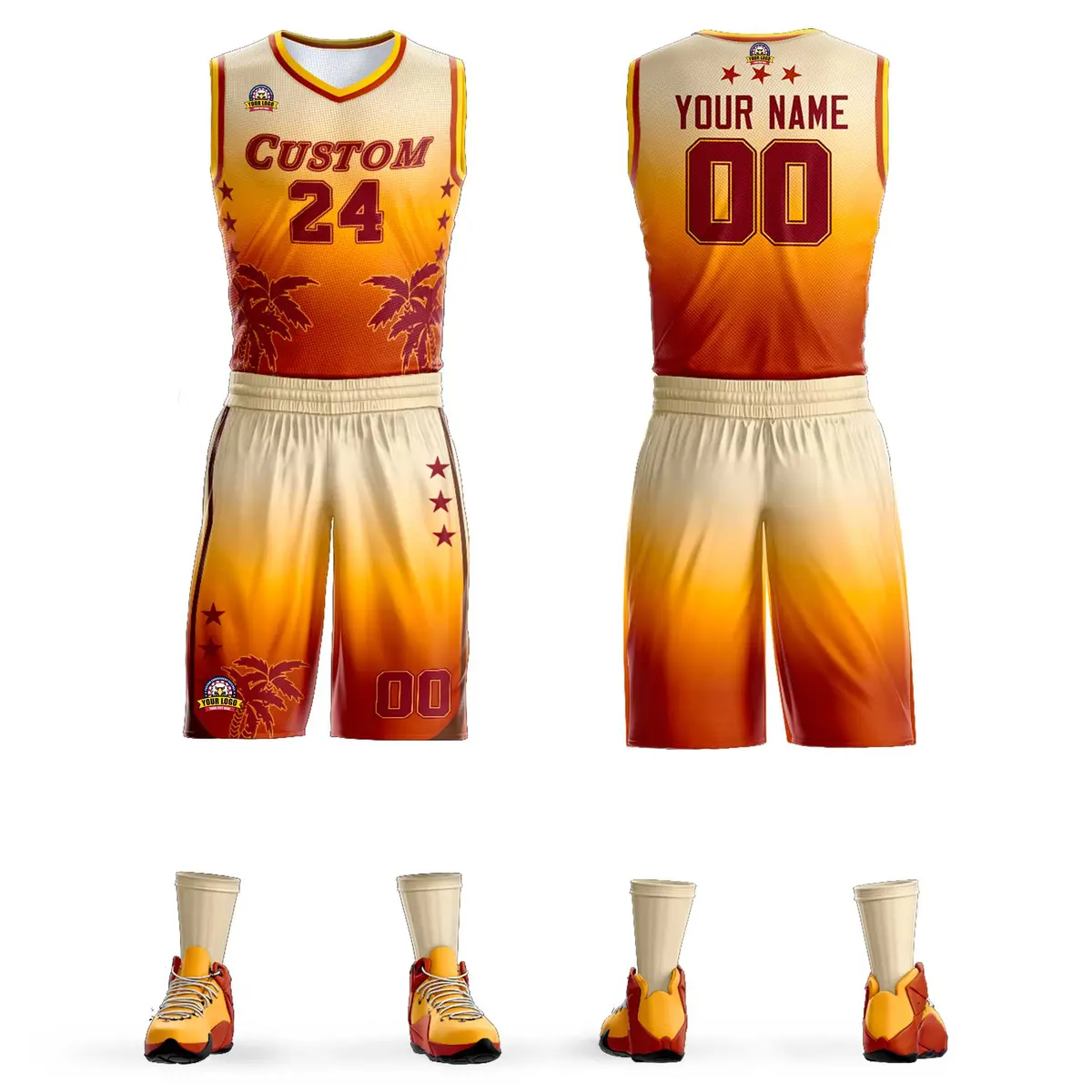 Cream Yellow-Texas Orange Gradient Coconut Palm Pattern Basketball Jersey