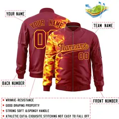 Crimson 3D Flame Full-Zip Varsity Letterman Bomber Jacket 2