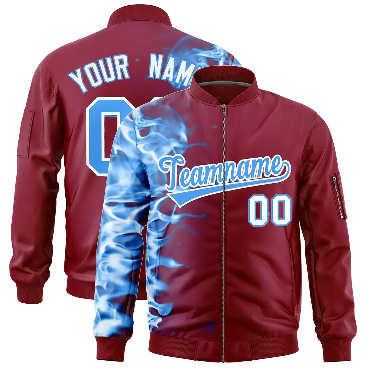 Crimson 3D Flame Full-Zip Varsity Letterman Bomber Jacket