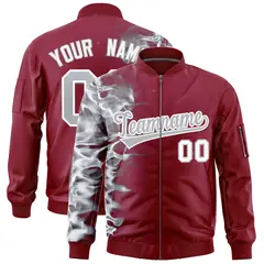 Crimson 3D Flame Full-Zip Varsity Letterman Bomber Jacket 1