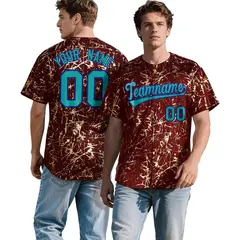 Crimson Aqua Black & Gold Marble Print Streetwear Baseball Jersey 1
