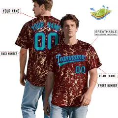 Crimson Aqua Black & Gold Marble Print Streetwear Baseball Jersey 2