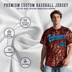 Crimson Aqua Black & Gold Marble Print Streetwear Baseball Jersey 3