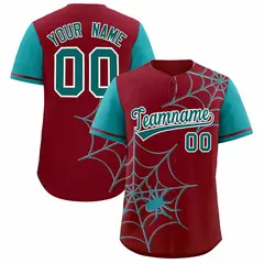 Crimson Aqua Spider Web Raglan Sleeves Baseball Jersey 1