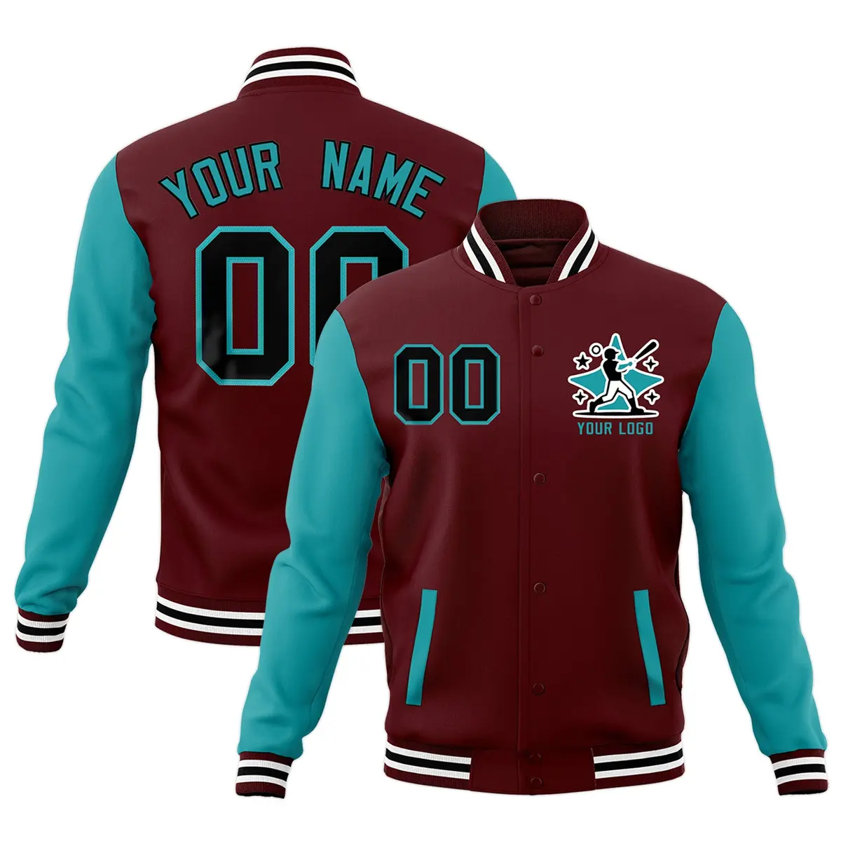 Crimson Aqua White Raglan Sleeves Cotton Letterman Jacket