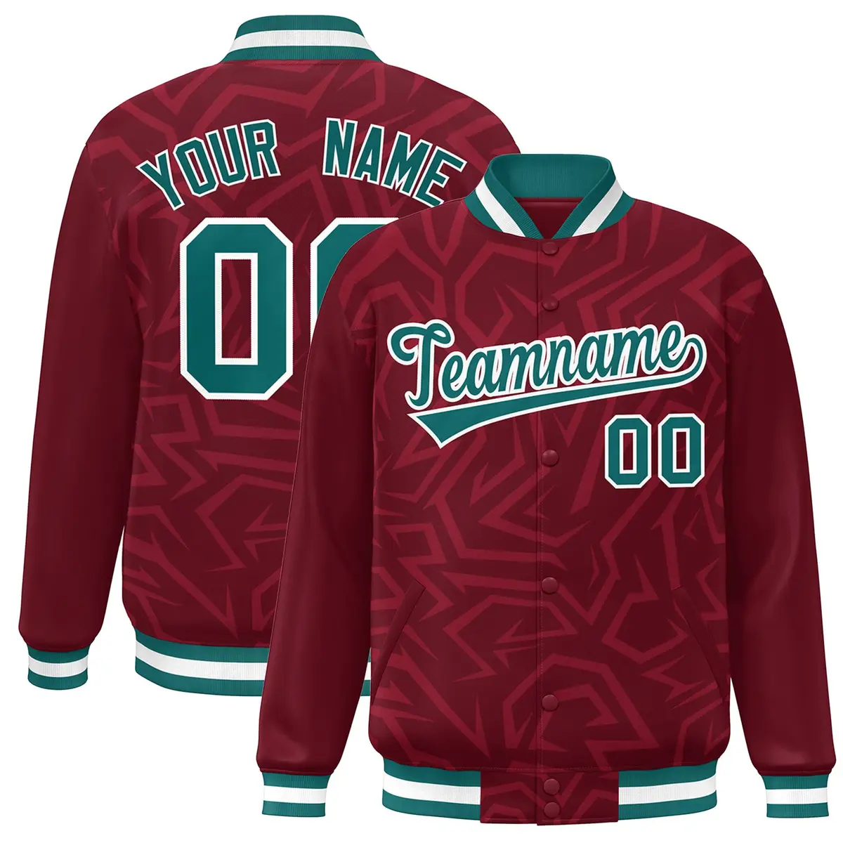 Crimson Aqua-White Stripe Graffiti Pattern Varsity Full-Snap Jacket
