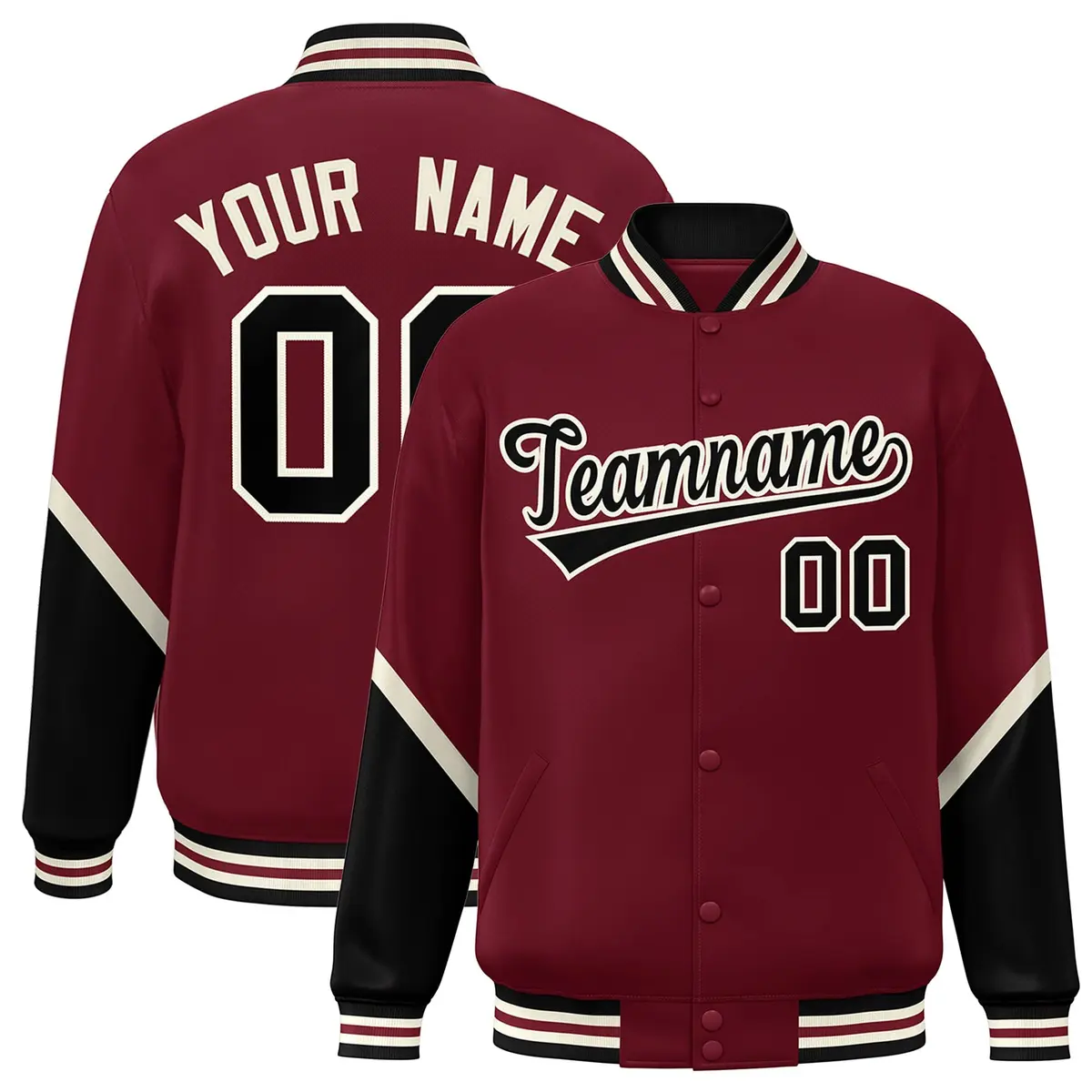 Crimson Black Color Block Varsity Full-Snap Letterman Baseball Jacket