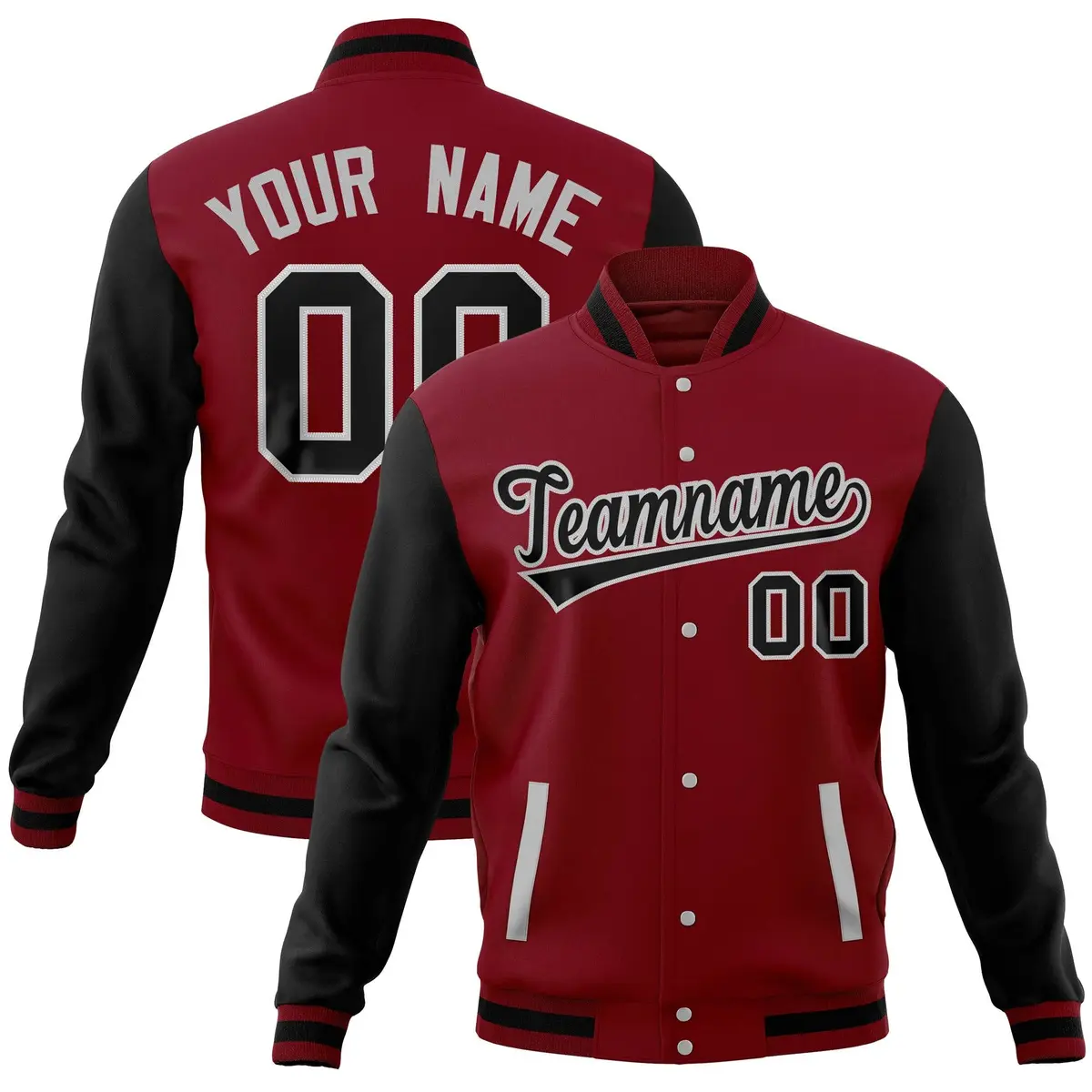 Crimson Black Full-Snap Raglan Varsity Letterman Baseball Jacket
