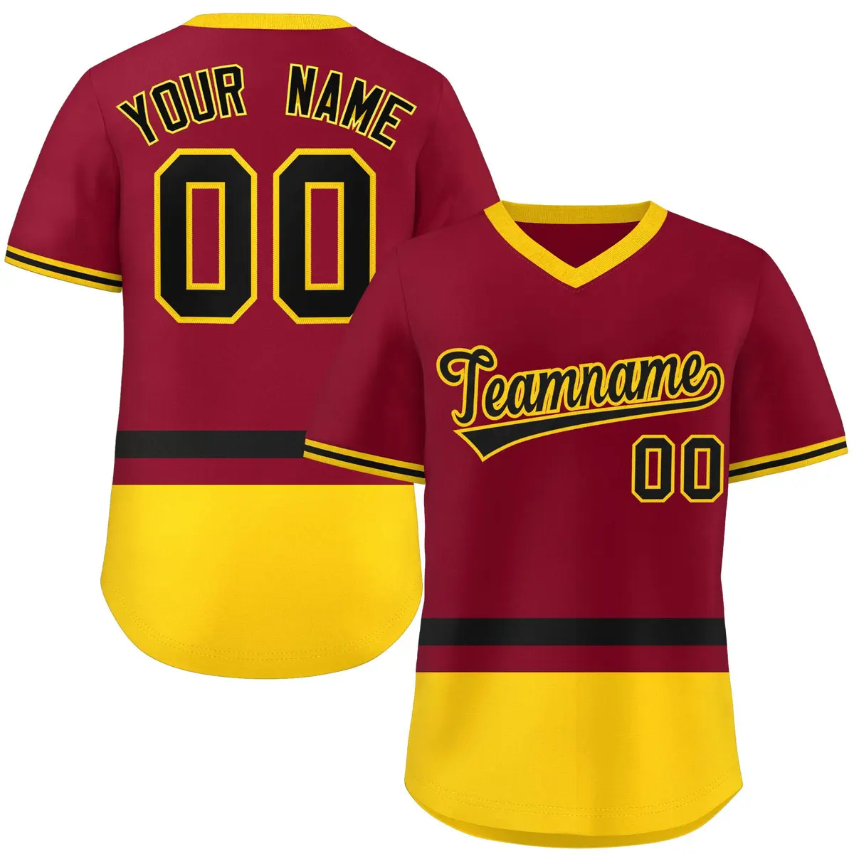 Crimson Black-Gold Color Block V-Neck Baseball Jersey