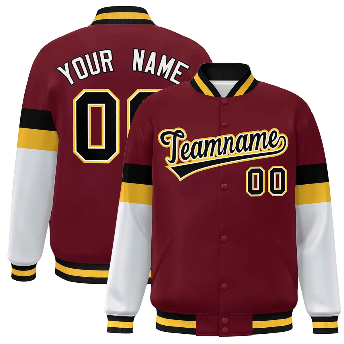 Crimson Black-Gold Color Block Varsity Full-Snap Baseball Jacket