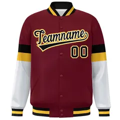 Crimson Black-Gold Color Block Varsity Full-Snap Baseball Jacket 3
