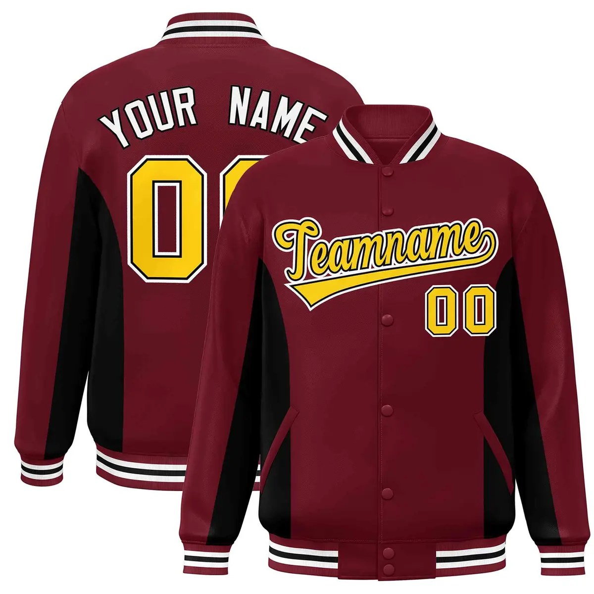 Crimson Black-Gold Full-Snap Color Block Varsity Letterman Jacket