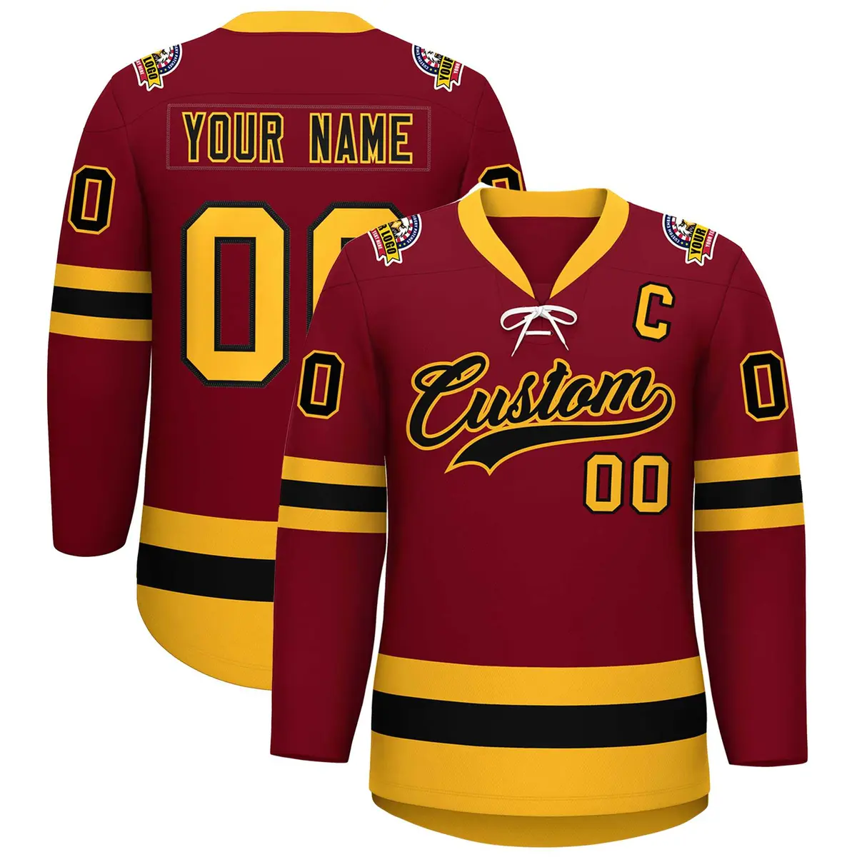 Crimson Black-Gold Lace-Up Neck Hockey Jersey