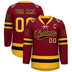 Crimson Black-Gold Lace-Up Neck Hockey Jersey