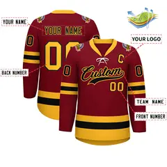 Crimson Black-Gold Lace-Up Neck Hockey Jersey 2