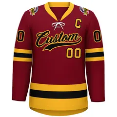Crimson Black-Gold Lace-Up Neck Hockey Jersey 3