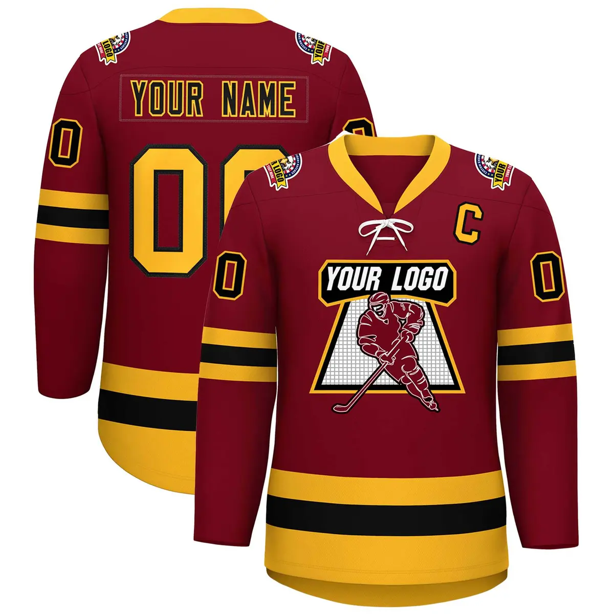 Crimson Black-Gold Lace-Up Neck Hockey Jersey